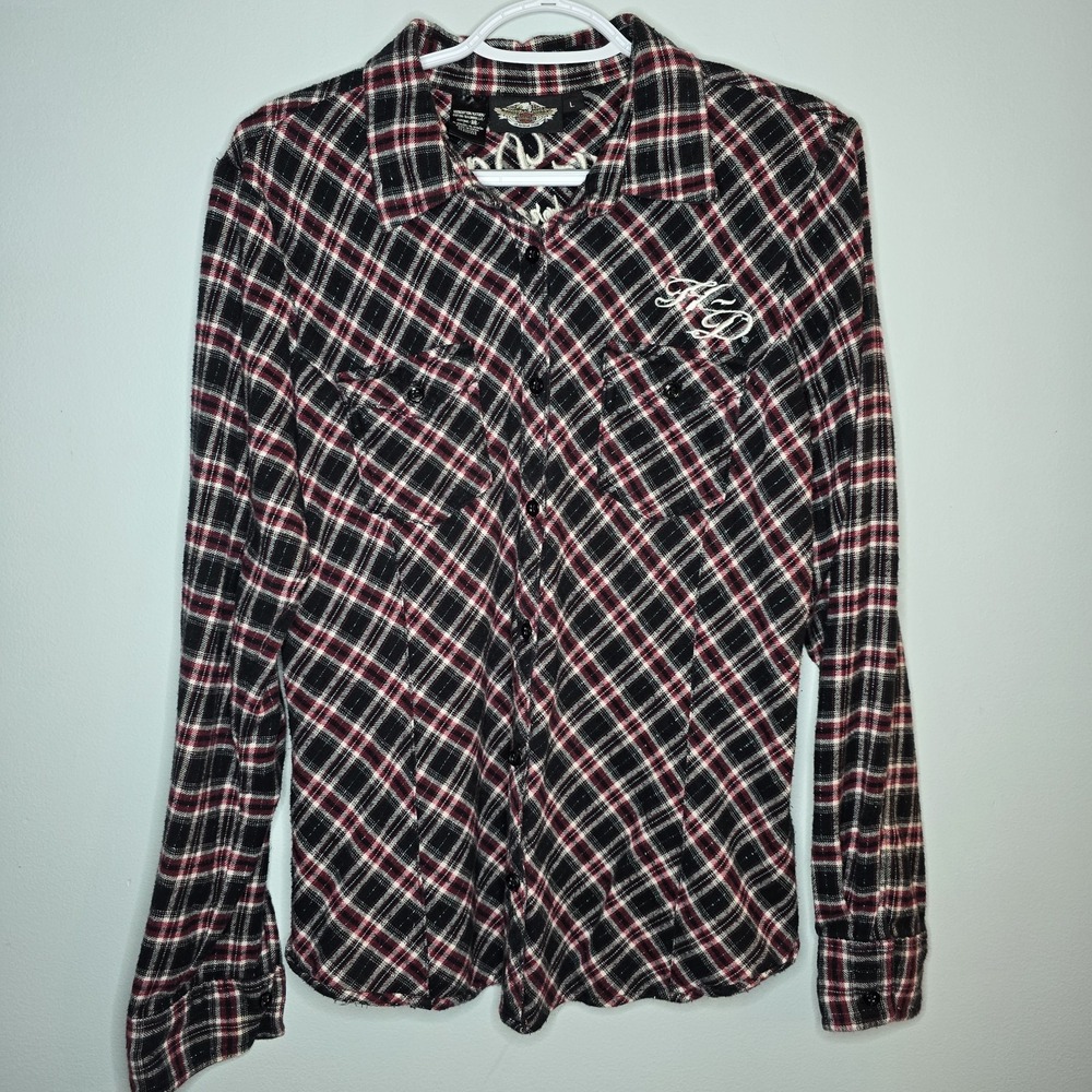 Harley Davidson Flannel Womens L Plaid Embroidered Button Up